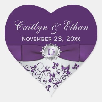 Monogram Purple Gray Floral Wedding Favor Sticker