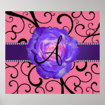 Monogram purple rose pink swirls print