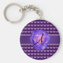 Monogram purple roses butterflies keychain