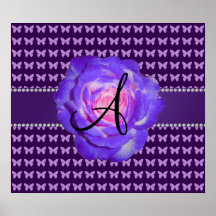Monogram purple roses butterflies poster