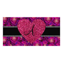 Monogram Purple roses pink heart Customized Photo Card