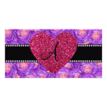 Monogram Purple roses pink heart Photo Card Template