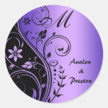 Monogram Purple Scrollwork Flower Wedding Round Stickers