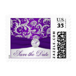 Monogram Purple, Silver Damask Save Date Postage