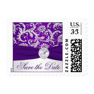 Monogram Purple, Silver Damask Save Date Postage stamp