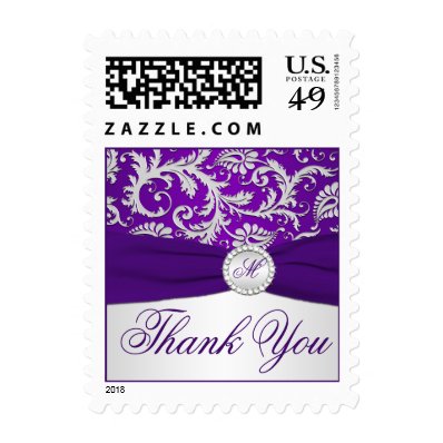 Monogram Purple, Silver Damask Thank You Postage