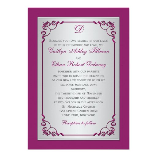 Monogram Purple Silver Floral PHOTO Wedding Invite
