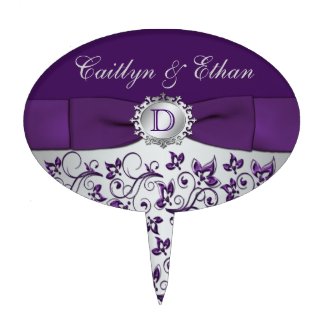 Monogram Purple Silver Floral Wedding Cake Pick