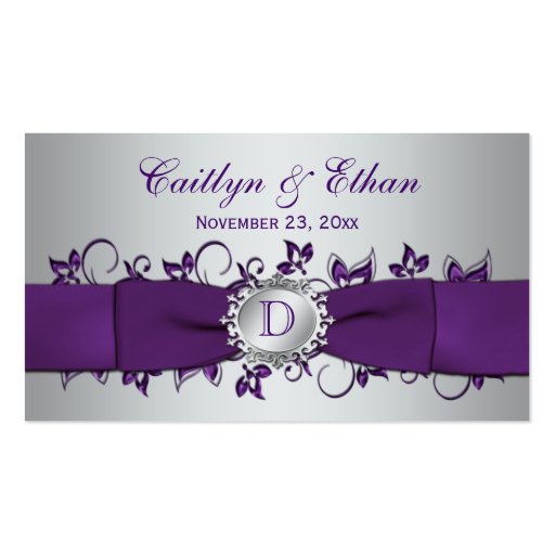 Monogram Purple Silver Floral Wedding Favor Tag Business Card Templates (front side)