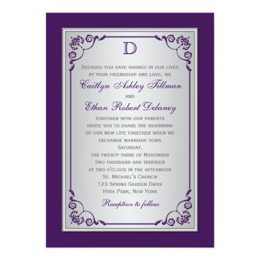 Monogram Purple, Silver Floral Wedding Invitation
