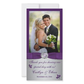 Monogram Purple, Silver Floral Wedding Photo Card