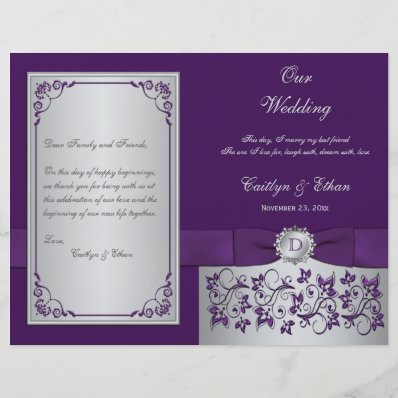 Monogram Purple, Silver Floral Wedding Program 2 8.5" X 11" Flyer