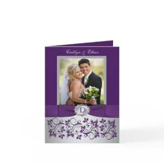 Monogram Purple, Silver Gray Floral Thank You Card