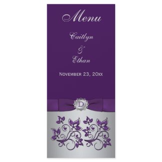 Monogram Purple, Silver Grey Floral Menu Card