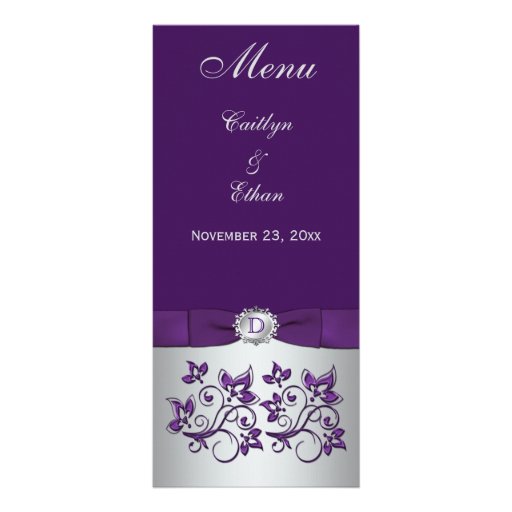 Monogram Purple, Silver Grey Floral Menu Card Rack Card