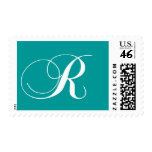 Monogram R Wedding Postage Stamps Aqua Blue