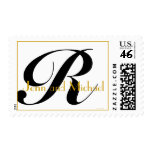 Monogram R Wedding Stamp Names Black White & Gold
