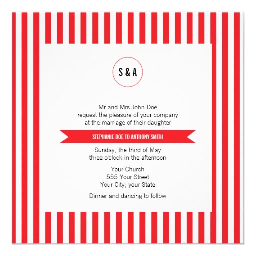 Monogram Red and White Stripes Pattern Wedding Personalized Announcement