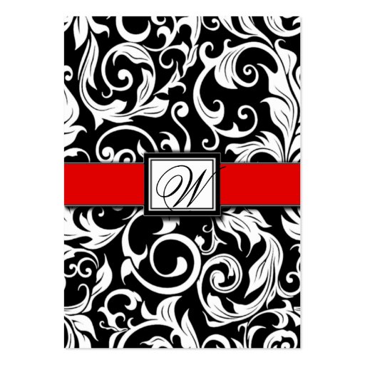 Monogram Red Black Damask Wedding Reception Cards Business Card (front side)