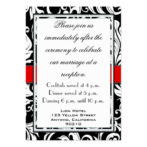 Monogram Red Black Damask Wedding Reception Cards Business Card (back side)
