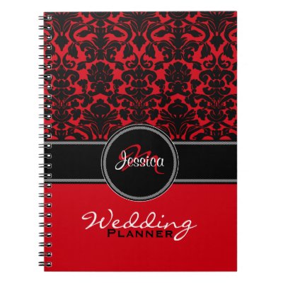 Monogram Red Black White Damask Wedding Planner Journal