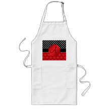 Monogram red damask white polka dots aprons
