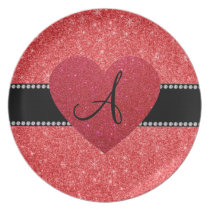 Monogram red glitter red heart party plate