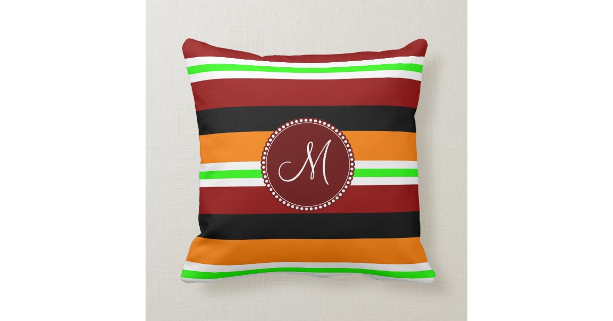 Monogram Red Orange Green Black Striped Pattern Throw Pillow Zazzle