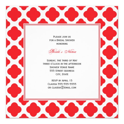 Monogram Red Quatrefoil Pattern Bridal Shower Personalized Invite