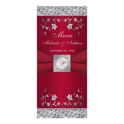 Monogram Red, Silver Foil-LOOK Floral Menu Card Full Color Rack Card