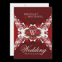 Monogram Red+White Lacy Wedding Invitation invitations