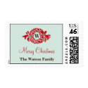 Monogram red wreath blue wedding christmas postage stamp