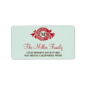 Monogram red wreath mint holiday return address label