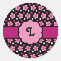 Monogram Retro Cherry Blossom Pattern Pink & Black Sticker