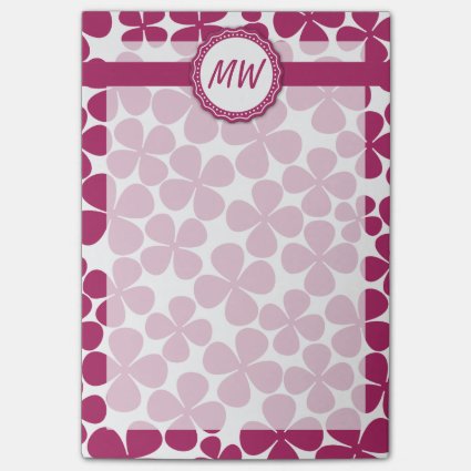 Monogram Retro Flower Pattern Acai Pink and White Post-it® Notes