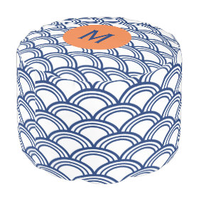 Monogram Royal Blue Seigaiha Pattern with Orange Round Pouf