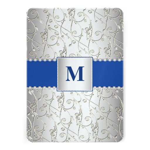 Monogram Royal Blue Silver Swirl Wedding Personalized Announcement