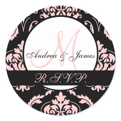 Monogram RSVP Damask Black Pink Wedding Sticker