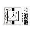 postcard - Monogram Wedding stamps with a black and white swirl background.  Enter your monogram in the space provided.