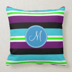 Monogram Striped Pattern Purple Teal Lime Black Throw Pillow