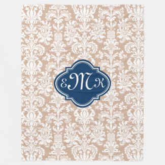 Monogram Tan And White Floral Damasks Fleece Blanket