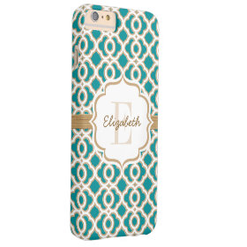 Monogram Teal and Gold Quatrefoil Barely There iPhone 6 Plus Case