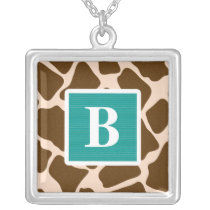 Monogram Teal Blue Giraffe Print Necklace