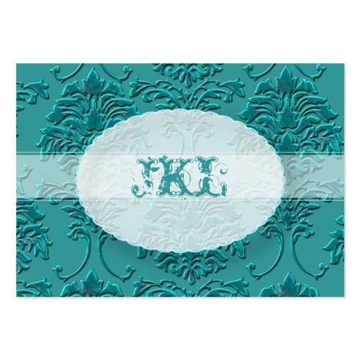 Monogram, teal damask chubby card business card template (front side)