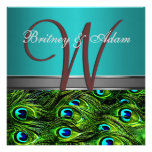 Monogram Teal & Green Peacock Wedding Invitations