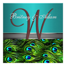 Monogram Teal & Green Peacock Wedding Invitations