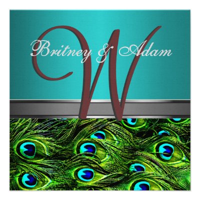 Monogram Teal & Green Peacock Wedding Invitations