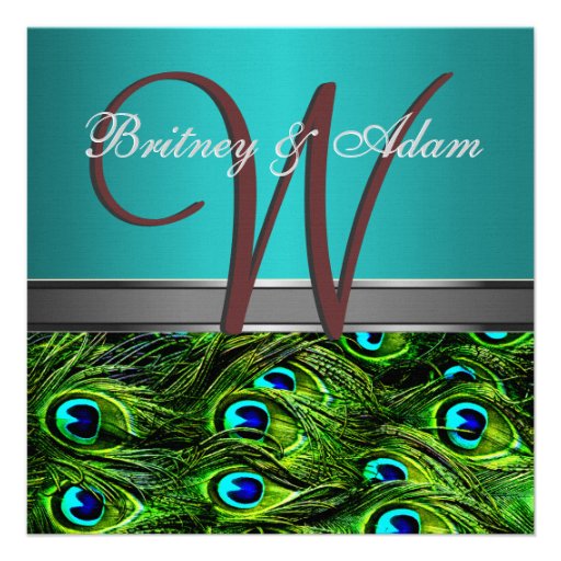 Monogram Teal & Green Peacock Wedding Invitations