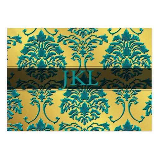 Monogram, teal on gold tone damask chubby card business card templates (front side)
