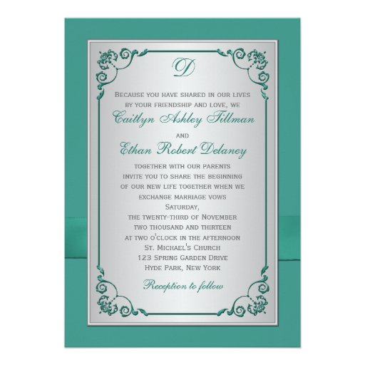 Monogram Teal, Silver Floral Wedding Invitation